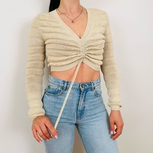 New Maniere De Voir Contour Beige Knit Long Sleeve Top Cropped wrap tie waist